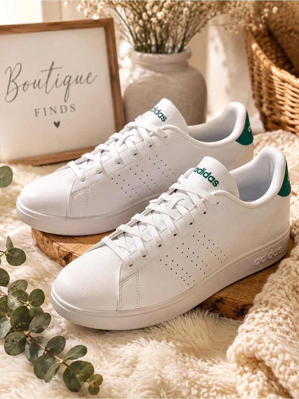 Adidas White & Green Classic Court Sneakers for Men
